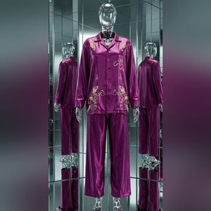 Vintage Hand Embroidery Glam Raspberry Silky Linen Dragon Pajama Set New Gift